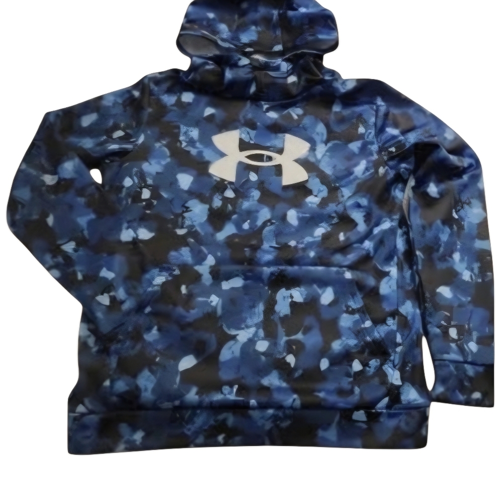 NWT Under Armour Hoodie Youth Large Loose Fit.  Blue Camo Print. White UA logo.